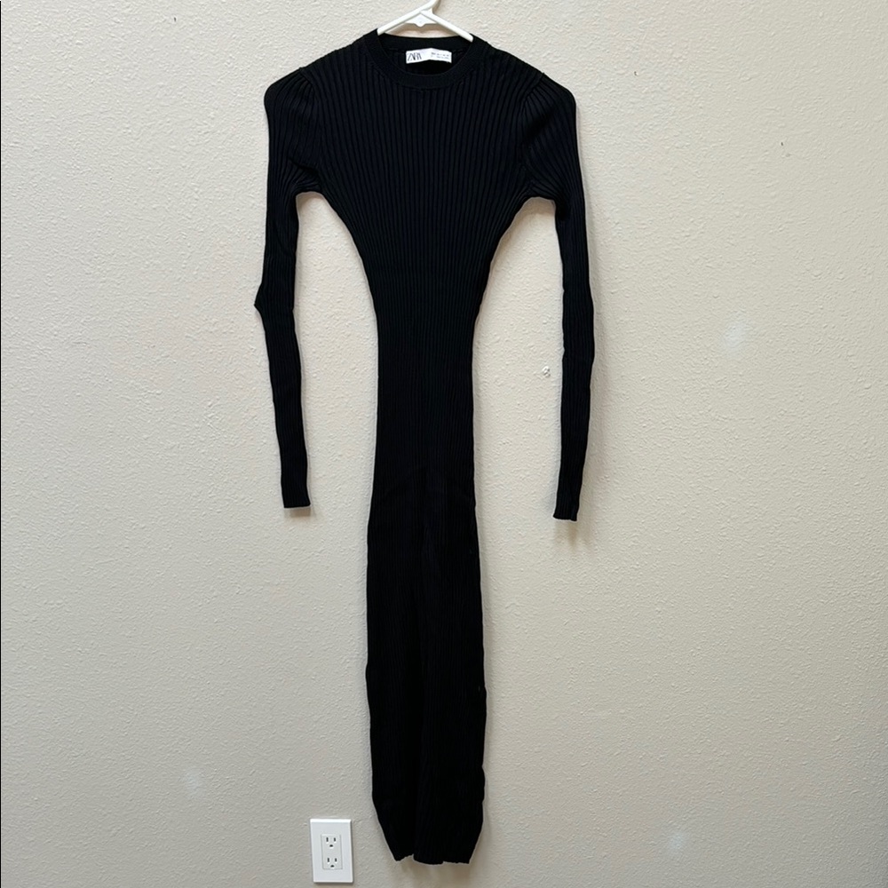 Zara Black Long Sleeve Ribbed Bodycon Dress sz S